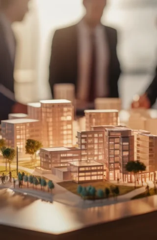 a model of a city with people in the background